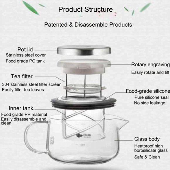 {DEYI} Rotary Filter Glass Tea Pot - 500ML - Picture 2 of 16